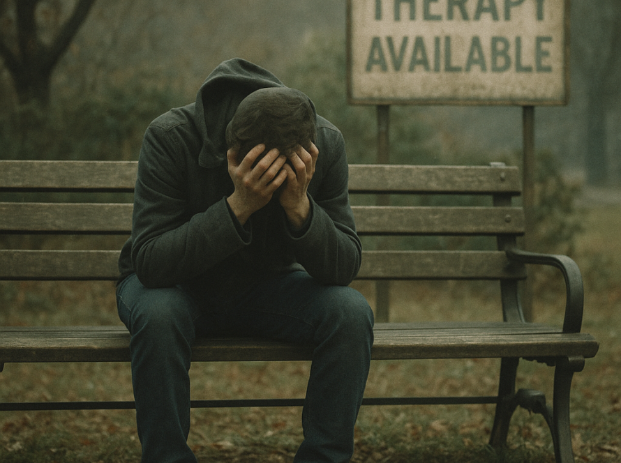 Person struggling with mental health amid inaccessible therapy.